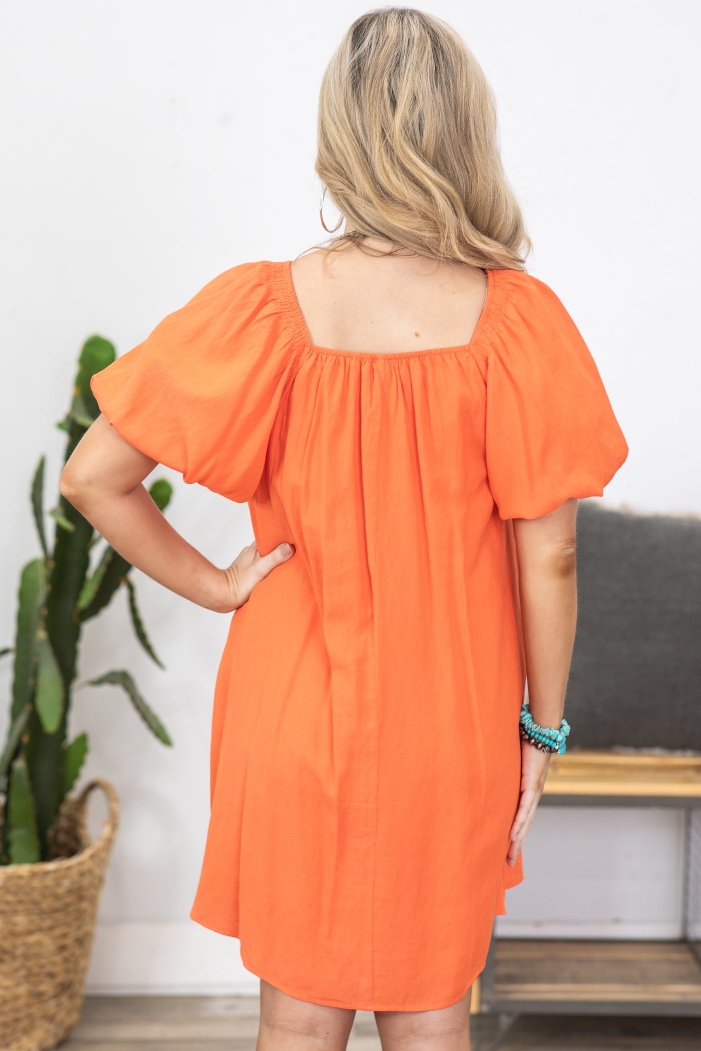 Orange Puff Short Sleeve Dress