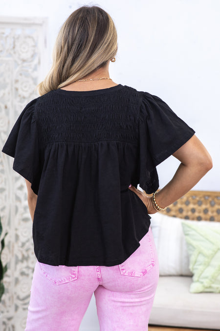 Black Smocking Detail Flutter Sleeve Knit Top