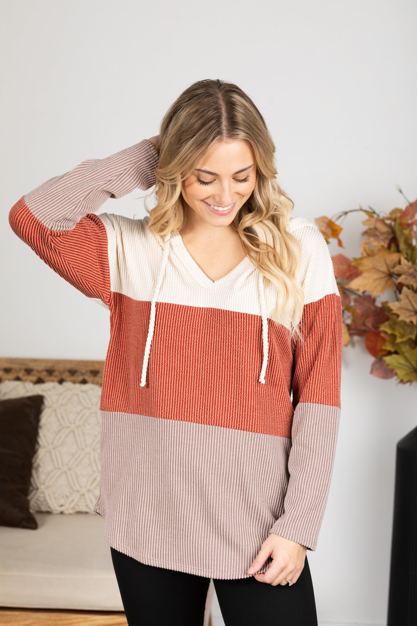 Ribbed Colorblock Drawstring Hoodie Knit Top