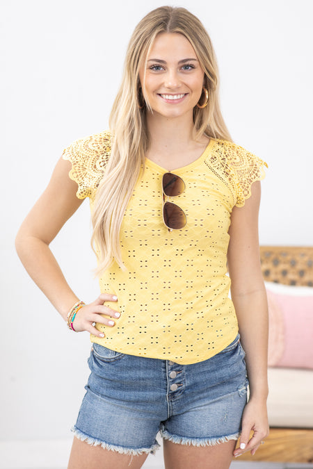 Pastel Yellow Eyelet Embroidery Knit Top