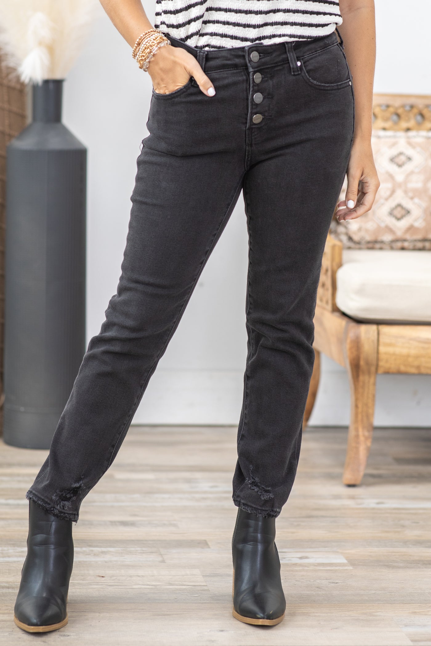 Risen Black Mid Rise Slim Straight Jeans