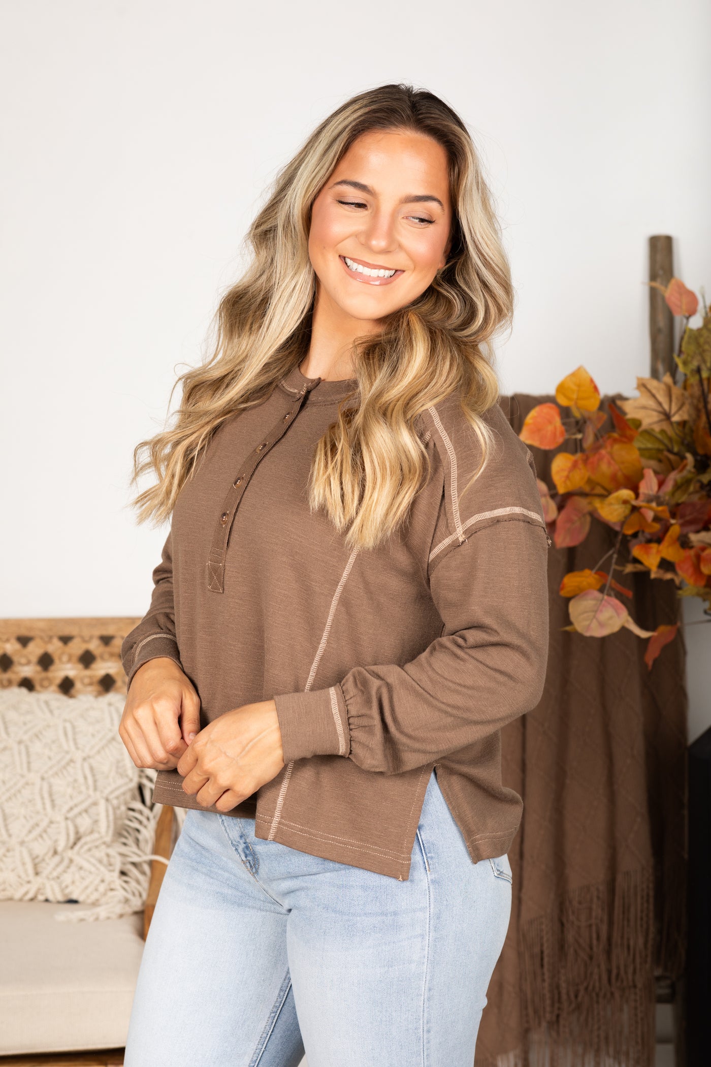 Contrast Stitch Long Sleeve Henley Knit Top