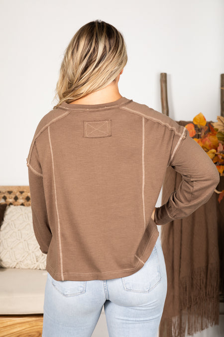 Contrast Stitch Long Sleeve Henley Knit Top