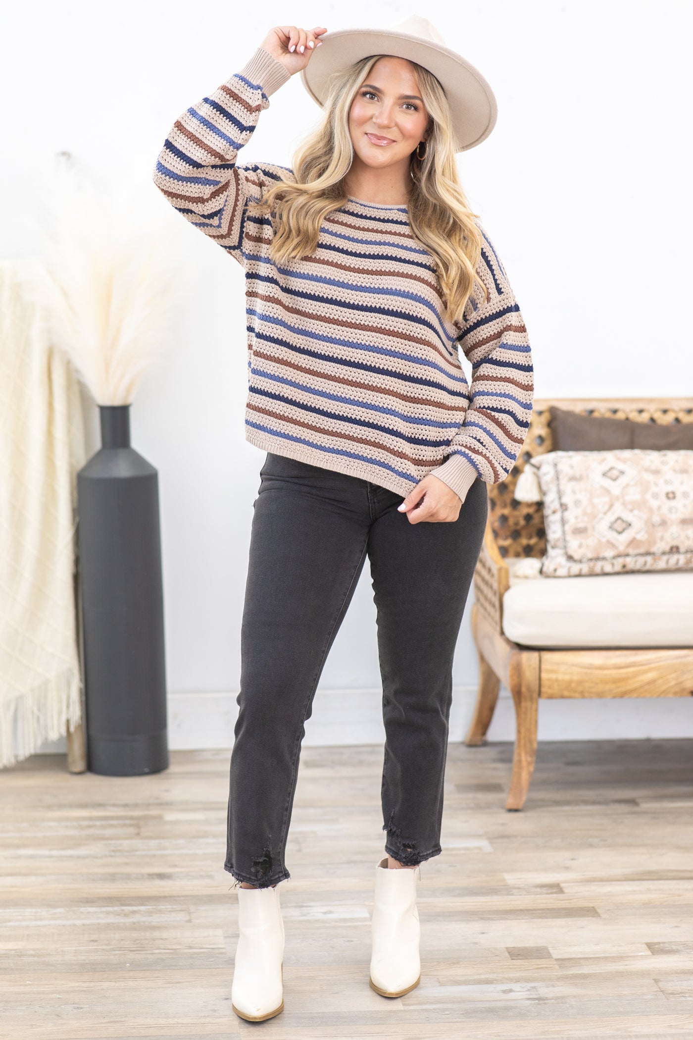 Taupe Stripe Sweater Knit Top