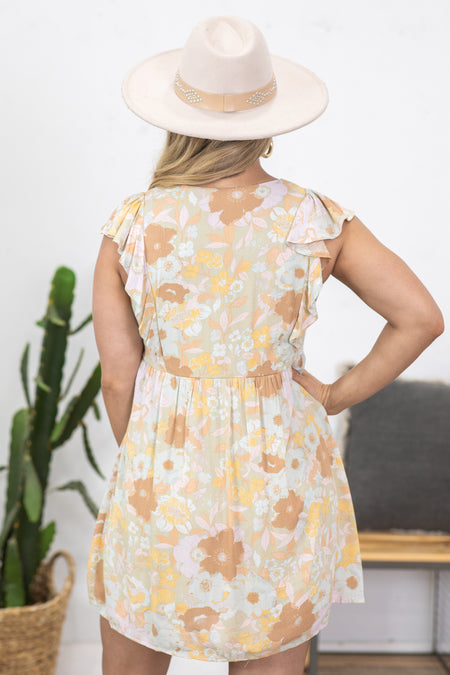 Sage Ruffle Short Sleeve Floral Print Dress