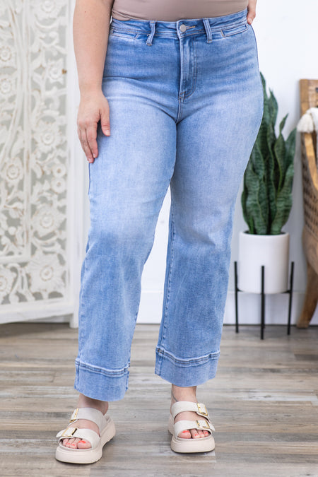 Risen Light Wash High Rise Crop Wide Leg Jeans