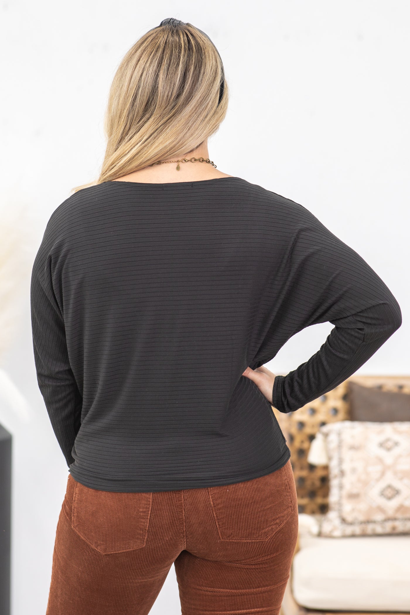 Black Boat Neck Horizontal Ribbed Top