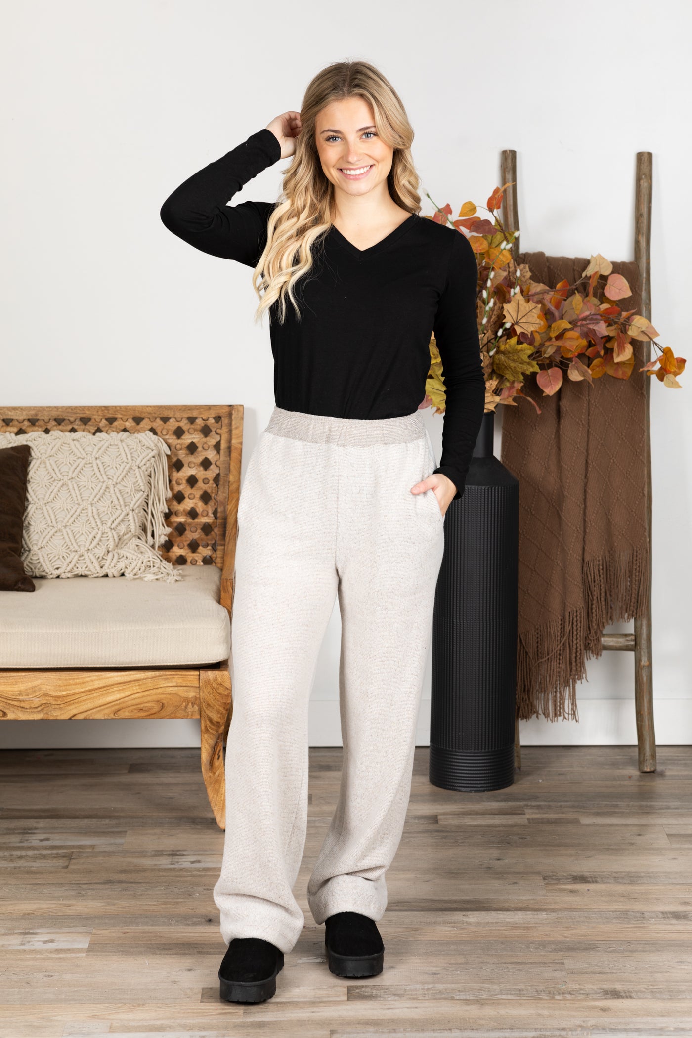 Soft Brushed Wide Leg Pants With Drawstring