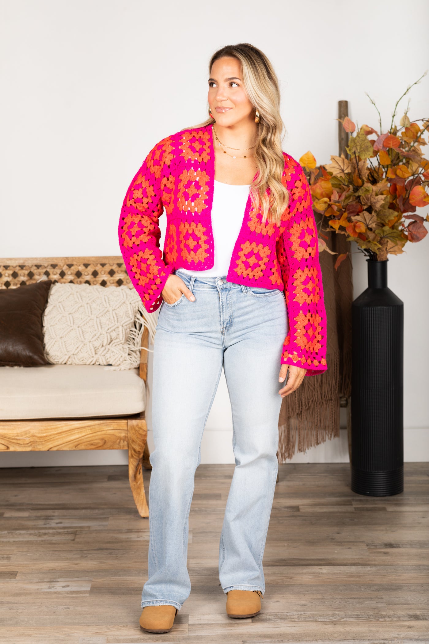 Fuchsia And Orange Crochet Cardigan