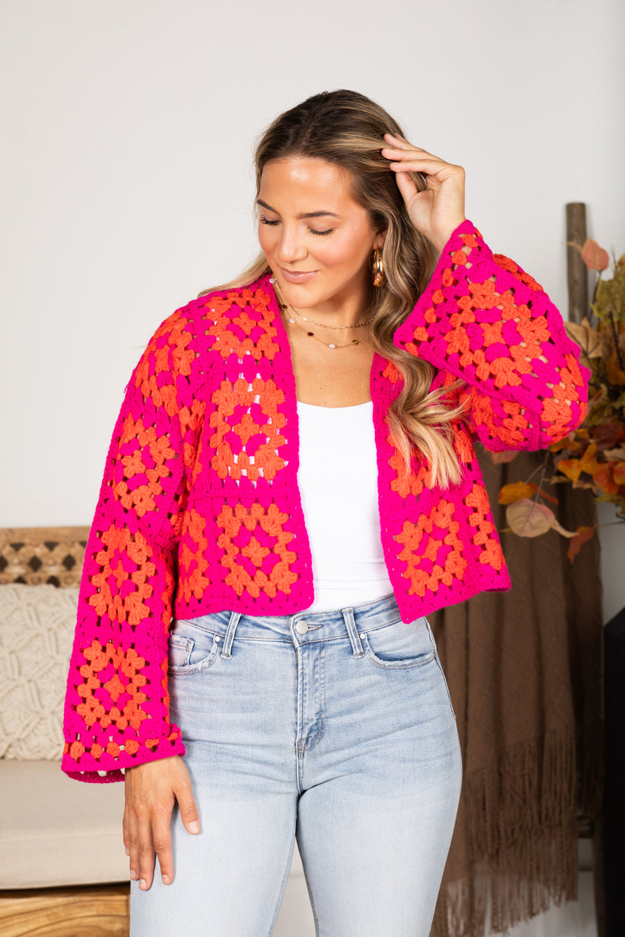 Fuchsia And Orange Crochet Cardigan