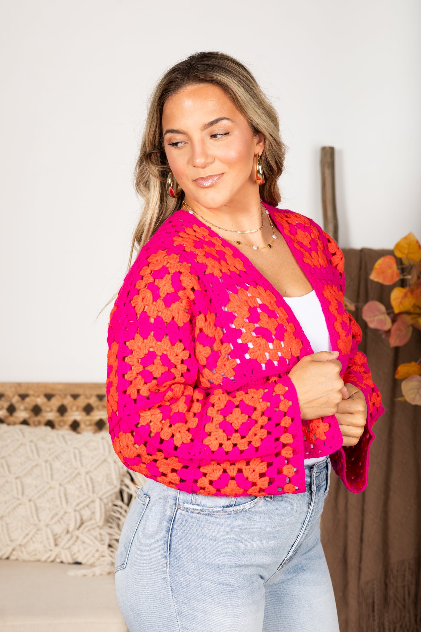 Fuchsia And Orange Crochet Cardigan