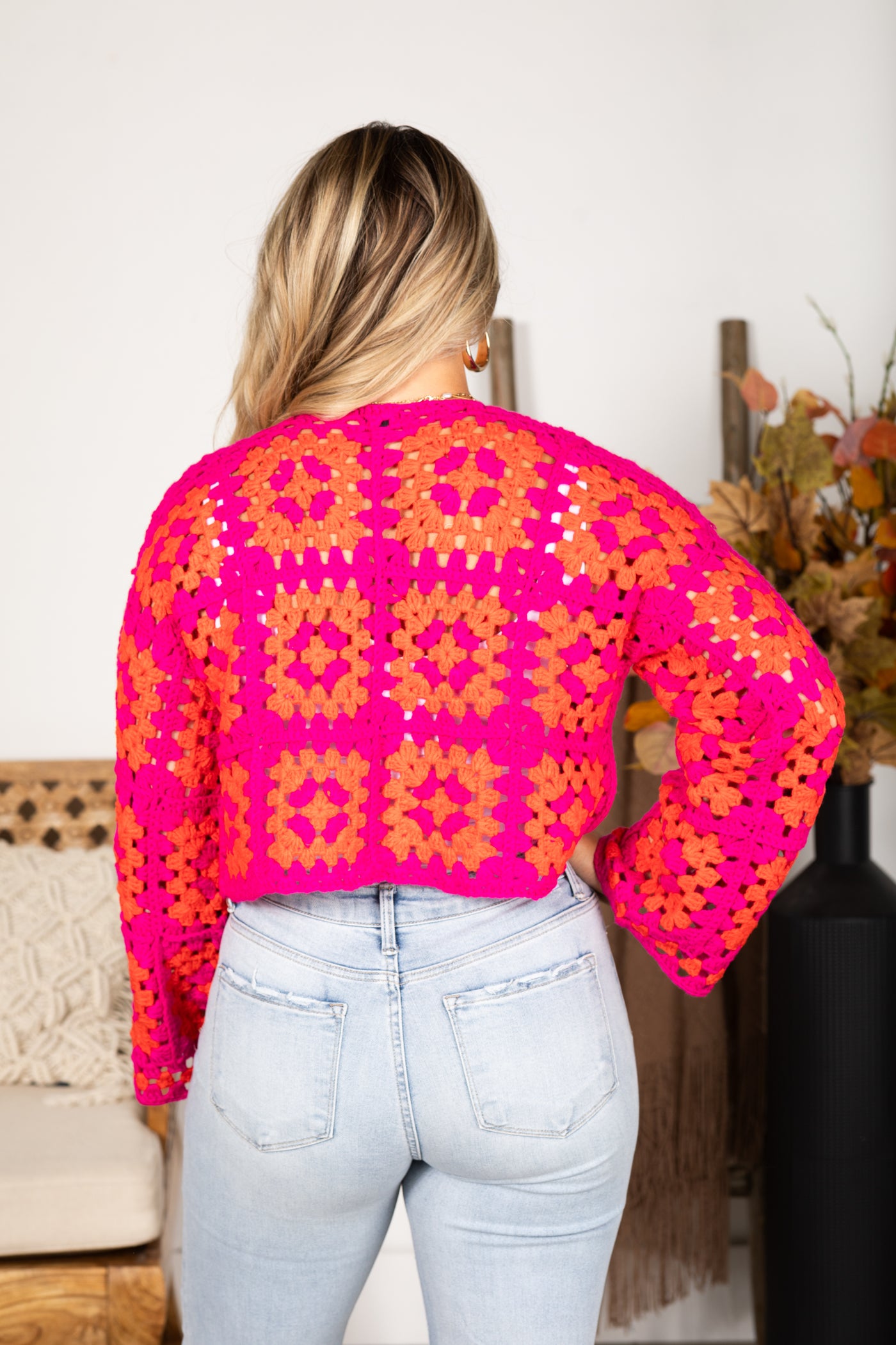 Fuchsia And Orange Crochet Cardigan