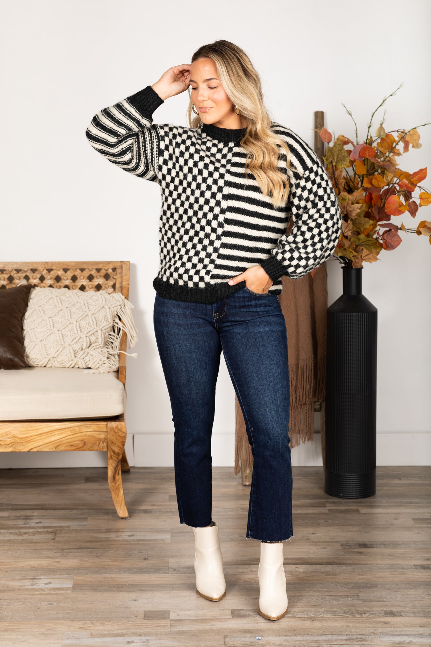 Black Stripe And Checkered Knit Sweater