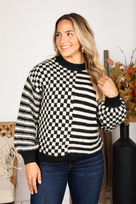 Black Stripe And Checkered Knit Sweater