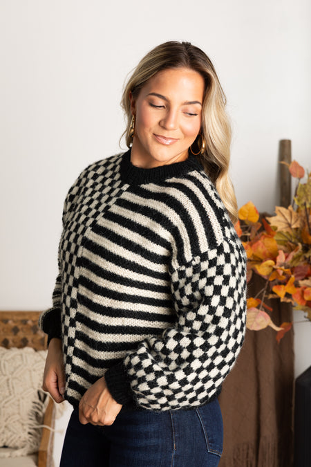 Black Stripe And Checkered Knit Sweater