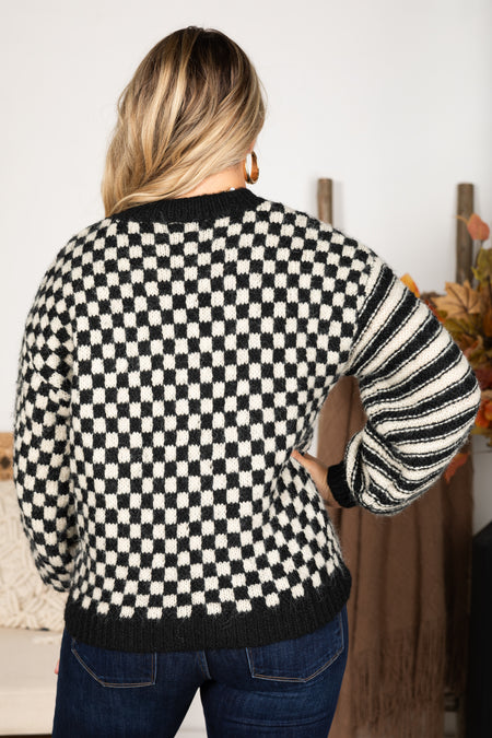 Black Stripe And Checkered Knit Sweater