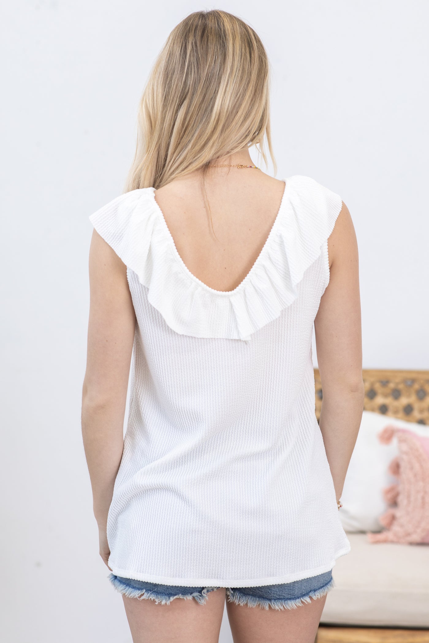 Ivory Ruffled V-Neck Ribbed Knit Tank