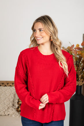 Red Chunky Braid Casual Knit Sweater