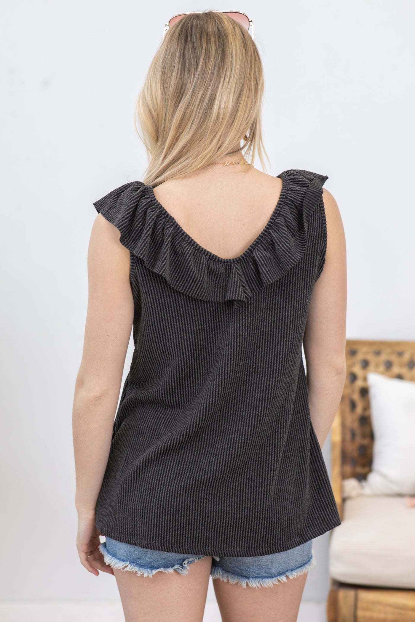 Charcoal Ruffled V-Neck Ribbed Knit Tank