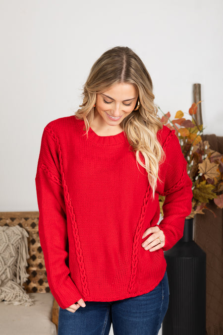 Red Chunky Braid Casual Knit Sweater