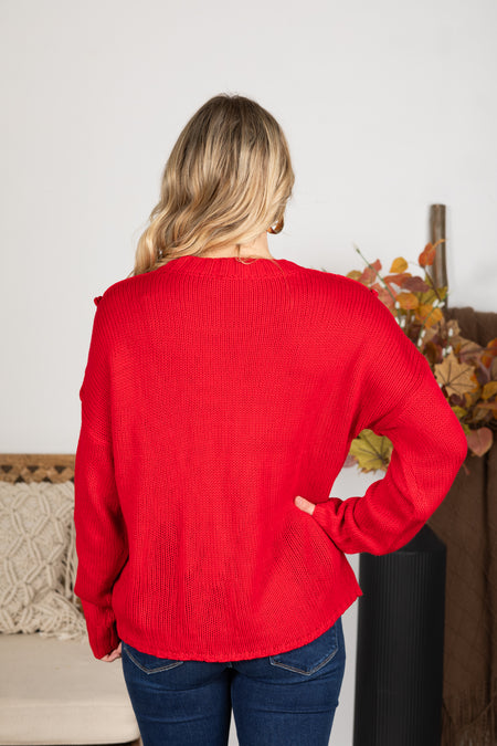 Red Chunky Braid Casual Knit Sweater