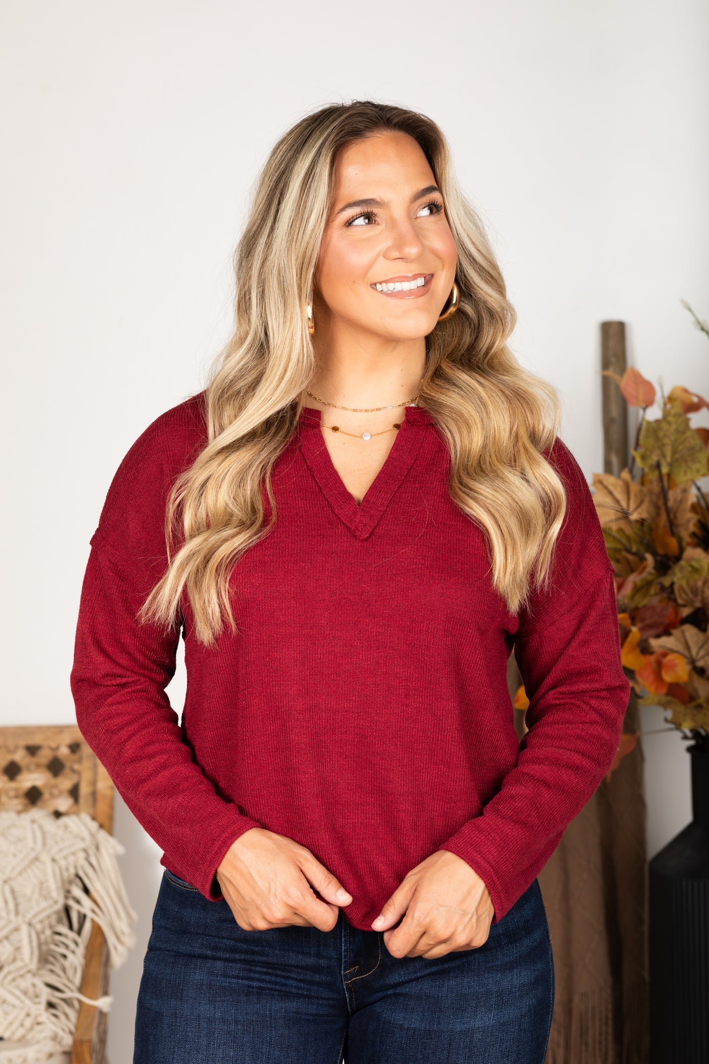 Solid Notch Long Sleeve Knit Top