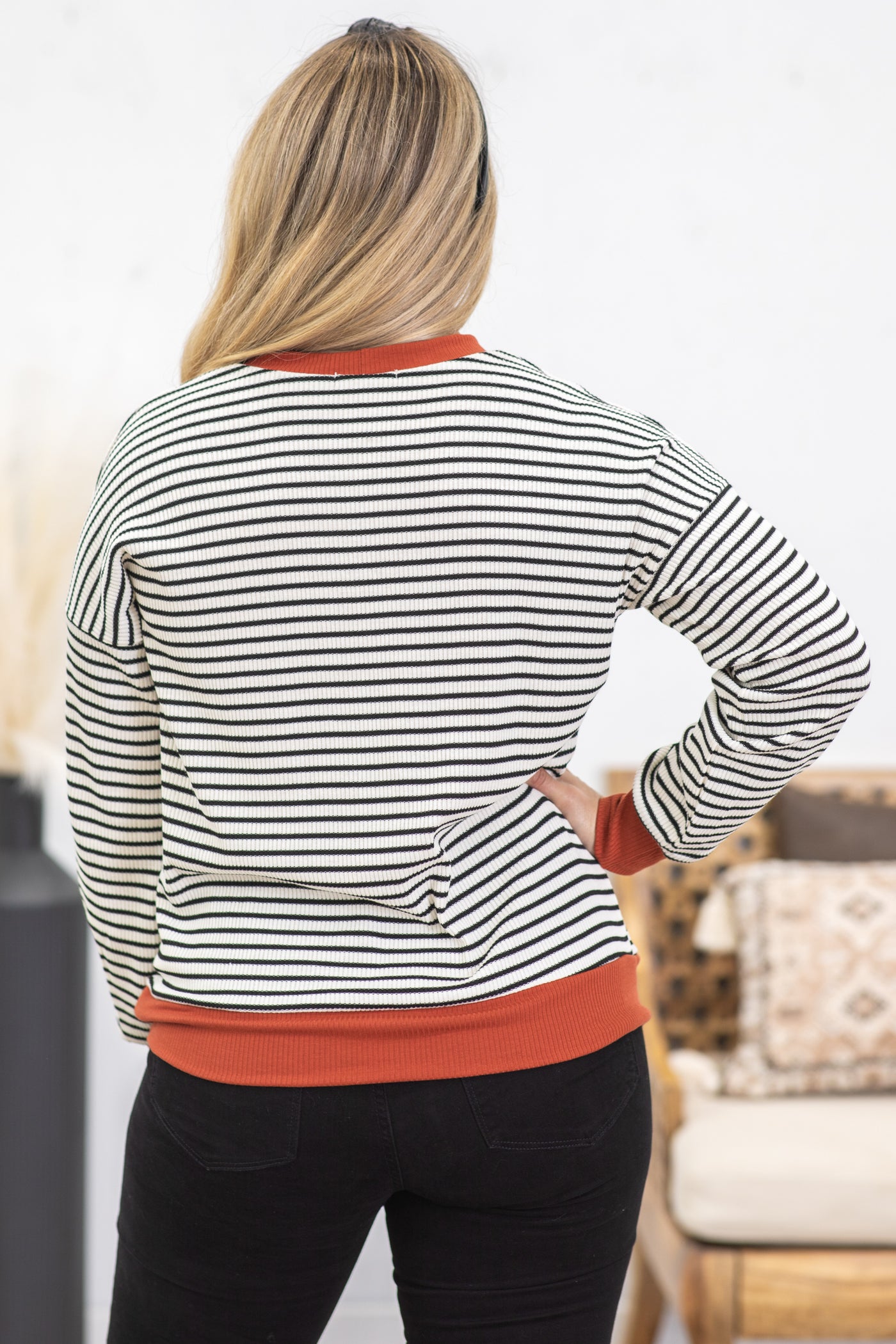 Ivory And Black Stripe Top With Copper Trim