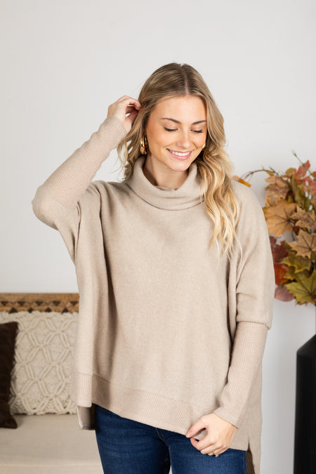 Cowl Neck High-Low Knit Tunic Top