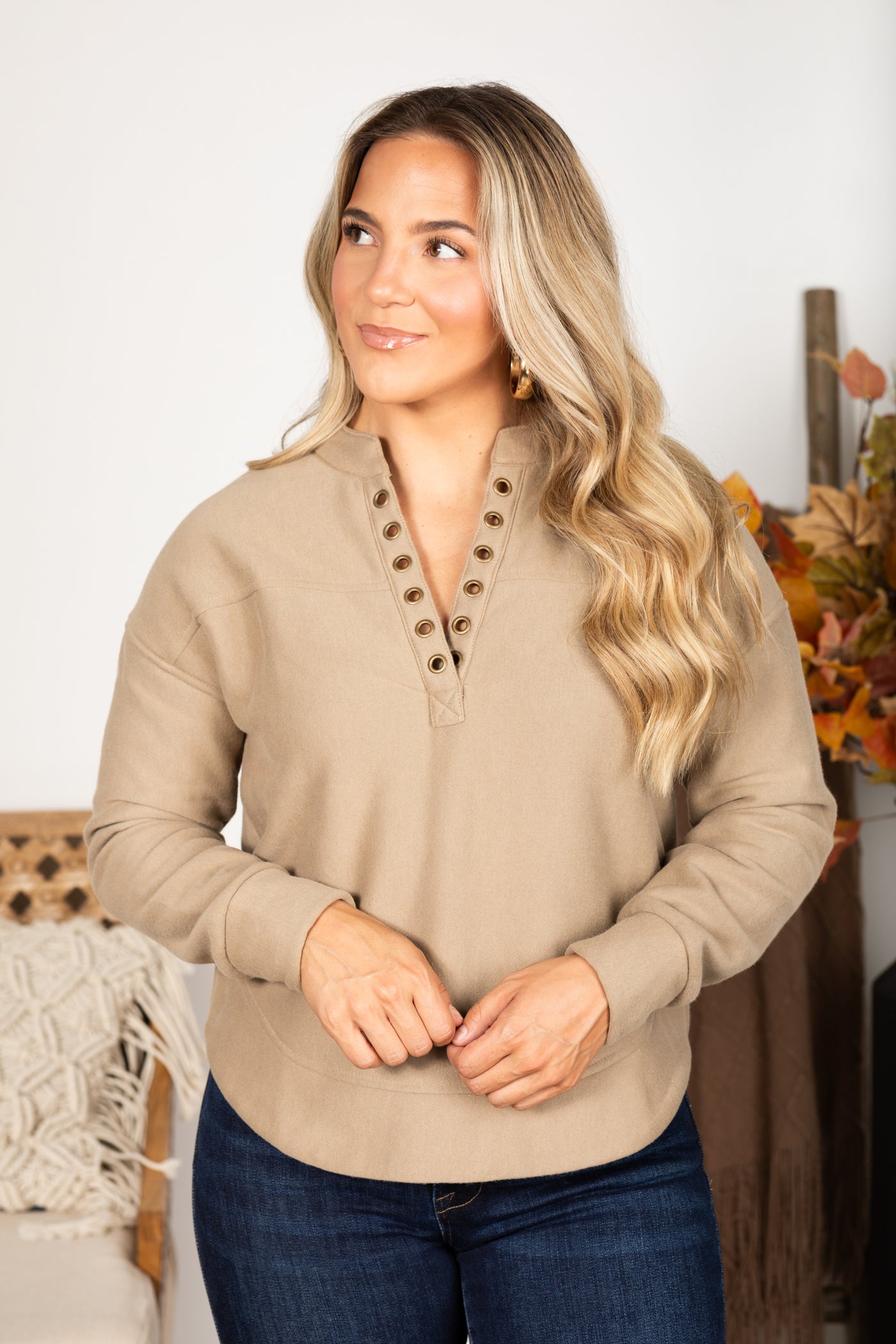 Grommet Detail V-Neck Sweatshirt