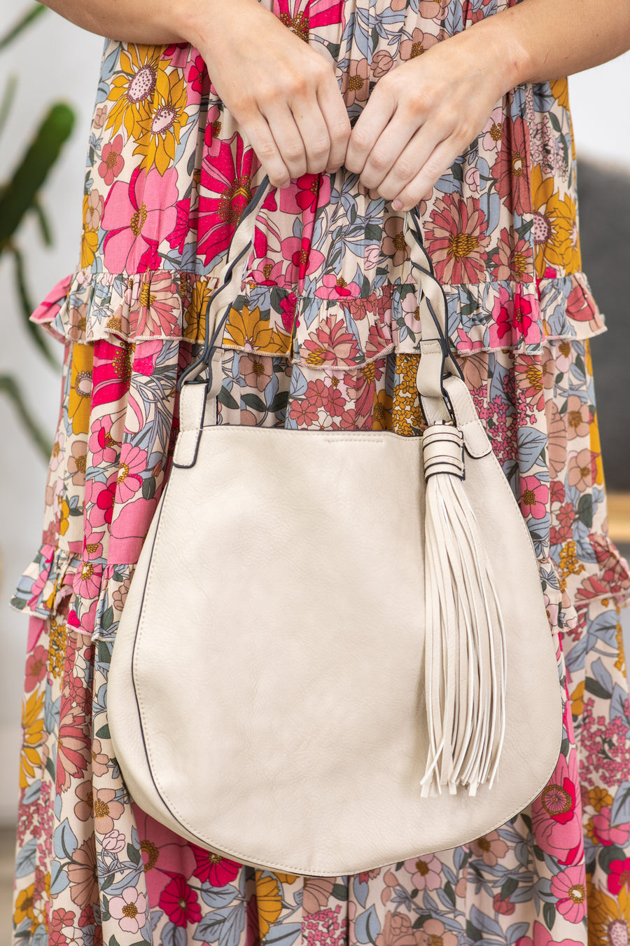 Beige Vegan Leather Bag With Tassel Detail