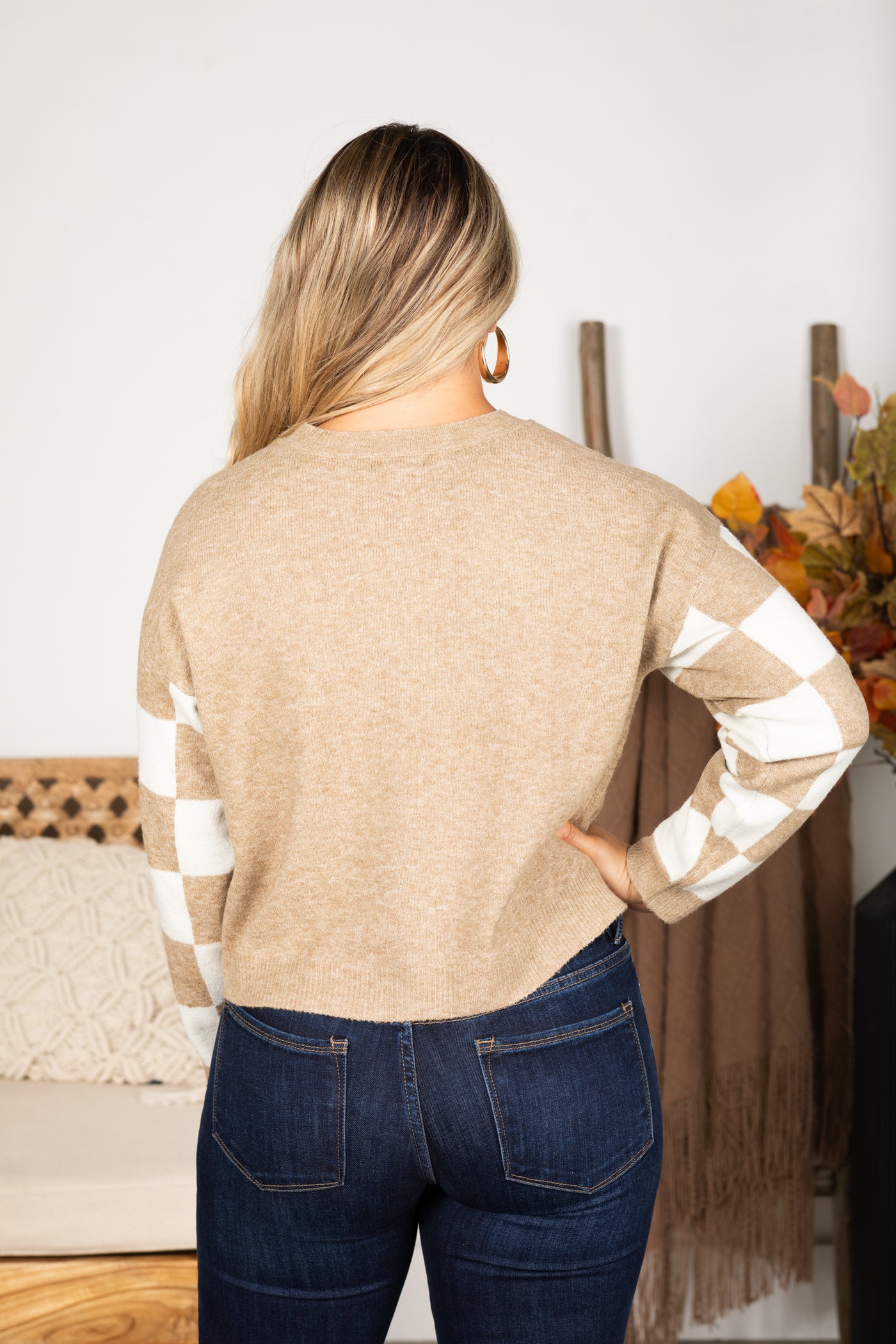 Taupe Checkered Long Sleeve Knit Sweater