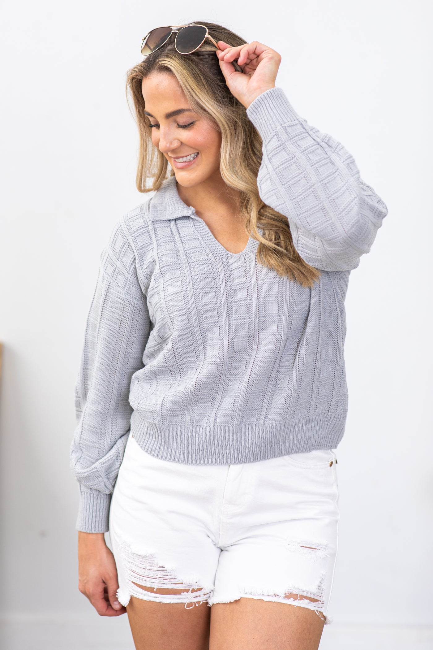 Gray Pattern Knitted Collared Sweater