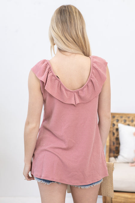 Mauve Ruffled V-Neck Ribbed Knit Tank