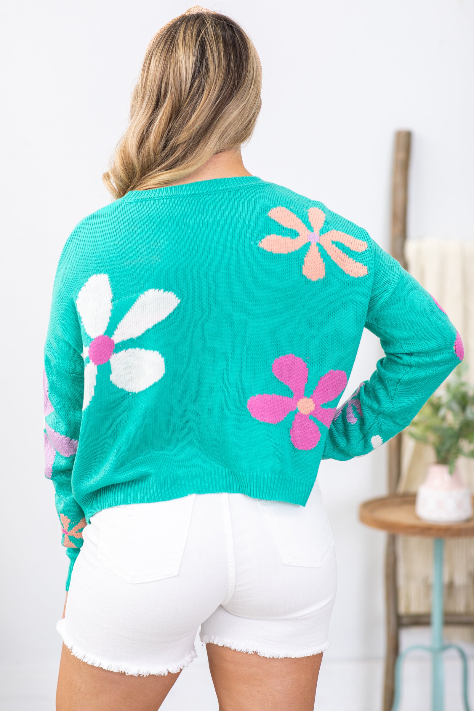 Mint With Multicolor Floral Print Sweater