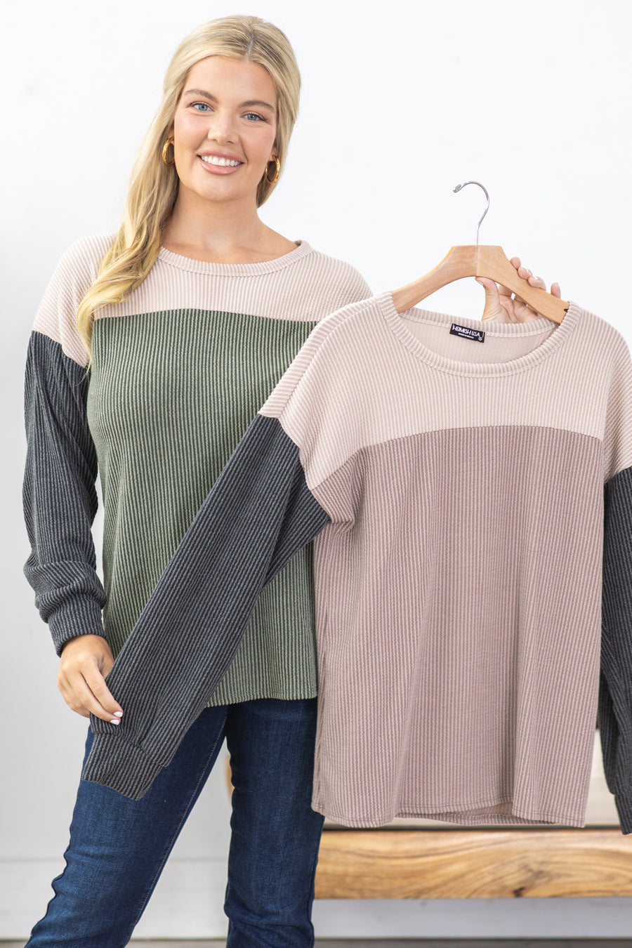 Ribbed Colorblock Long Sleeve Top