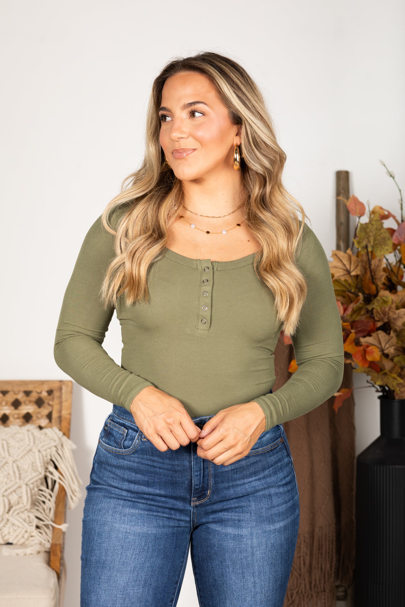 Scoop Neck Long Sleeve Henley Knit Top