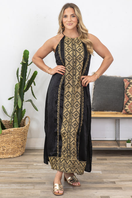 Black And Gold Embroidery Detail Maxi Dress