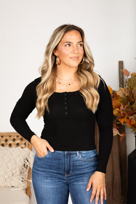 Scoop Neck Long Sleeve Henley Knit Top