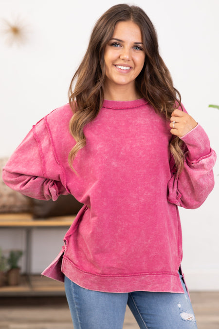 Hot Pink Acid Wash Contrast Seam Sweatshirt - Filly Flair