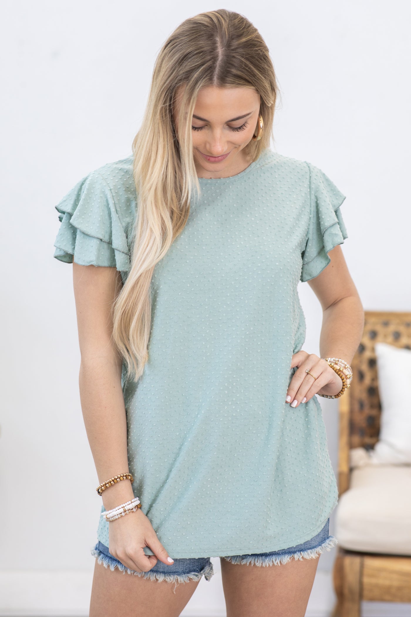 Sage Swiss Dot Ruffle Sleeve Woven Top