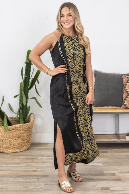 Black And Gold Embroidery Detail Maxi Dress