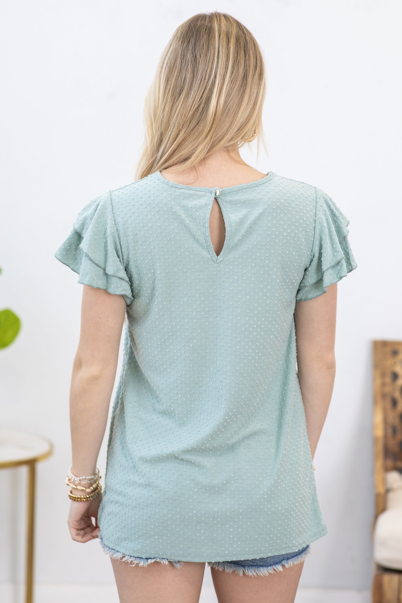 Sage Swiss Dot Ruffle Sleeve Woven Top