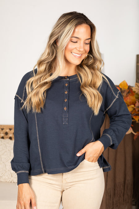 Contrast Stitch Long Sleeve Henley Knit Top