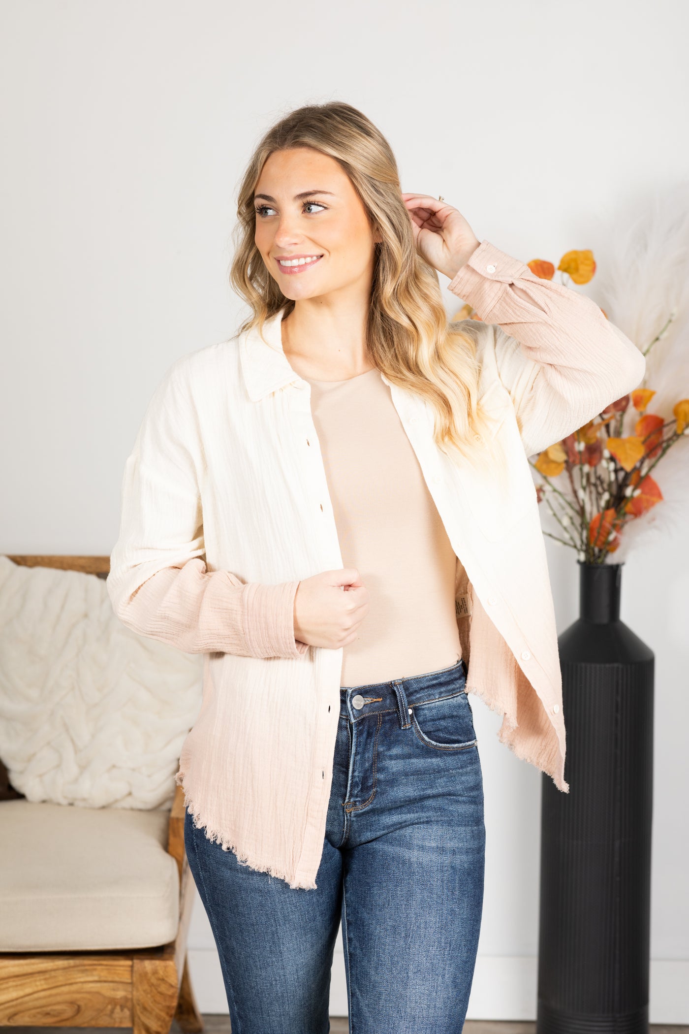 Cream Ombre Button Up Woven Top