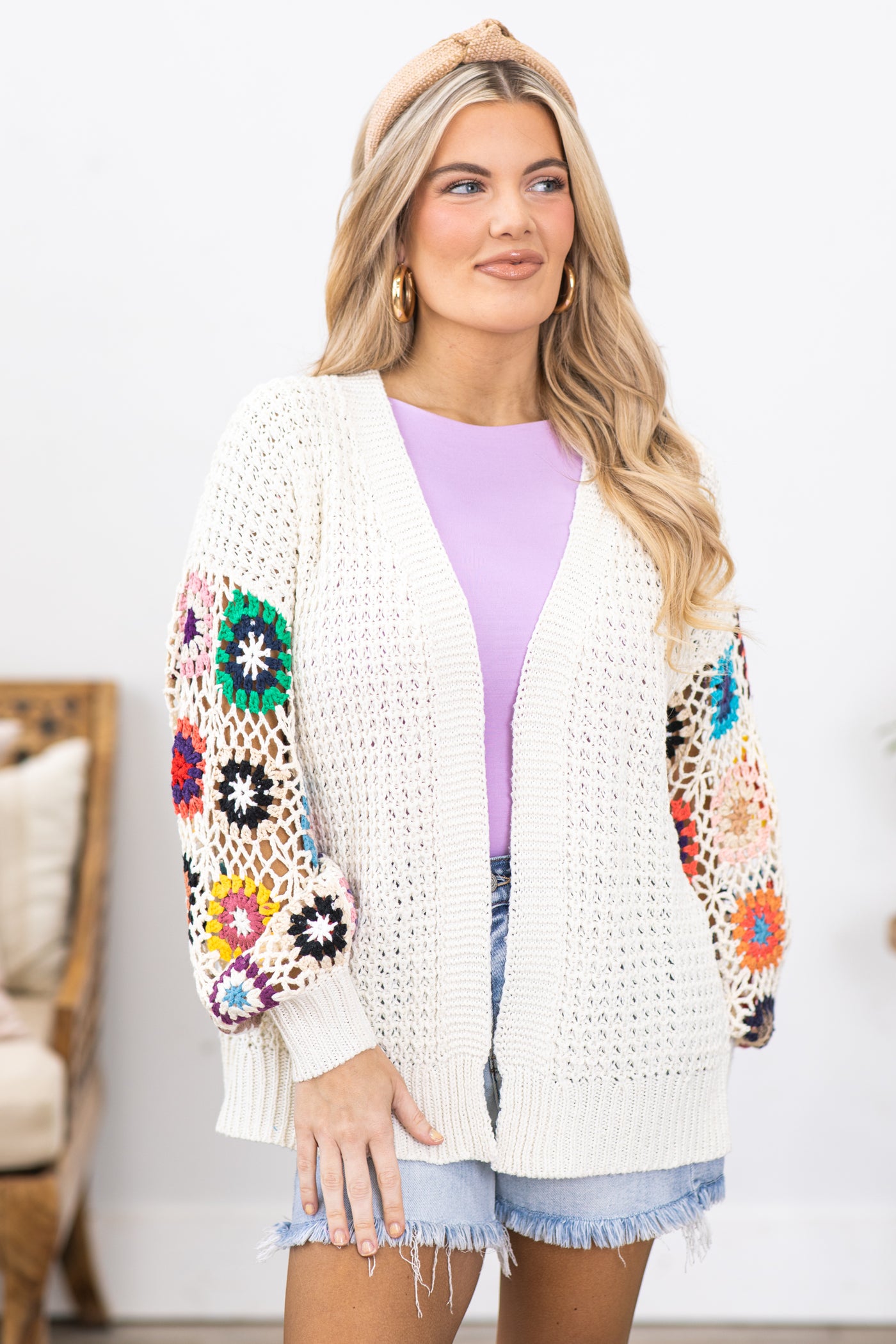 Ivory With Crochet Sleeves Cardigan