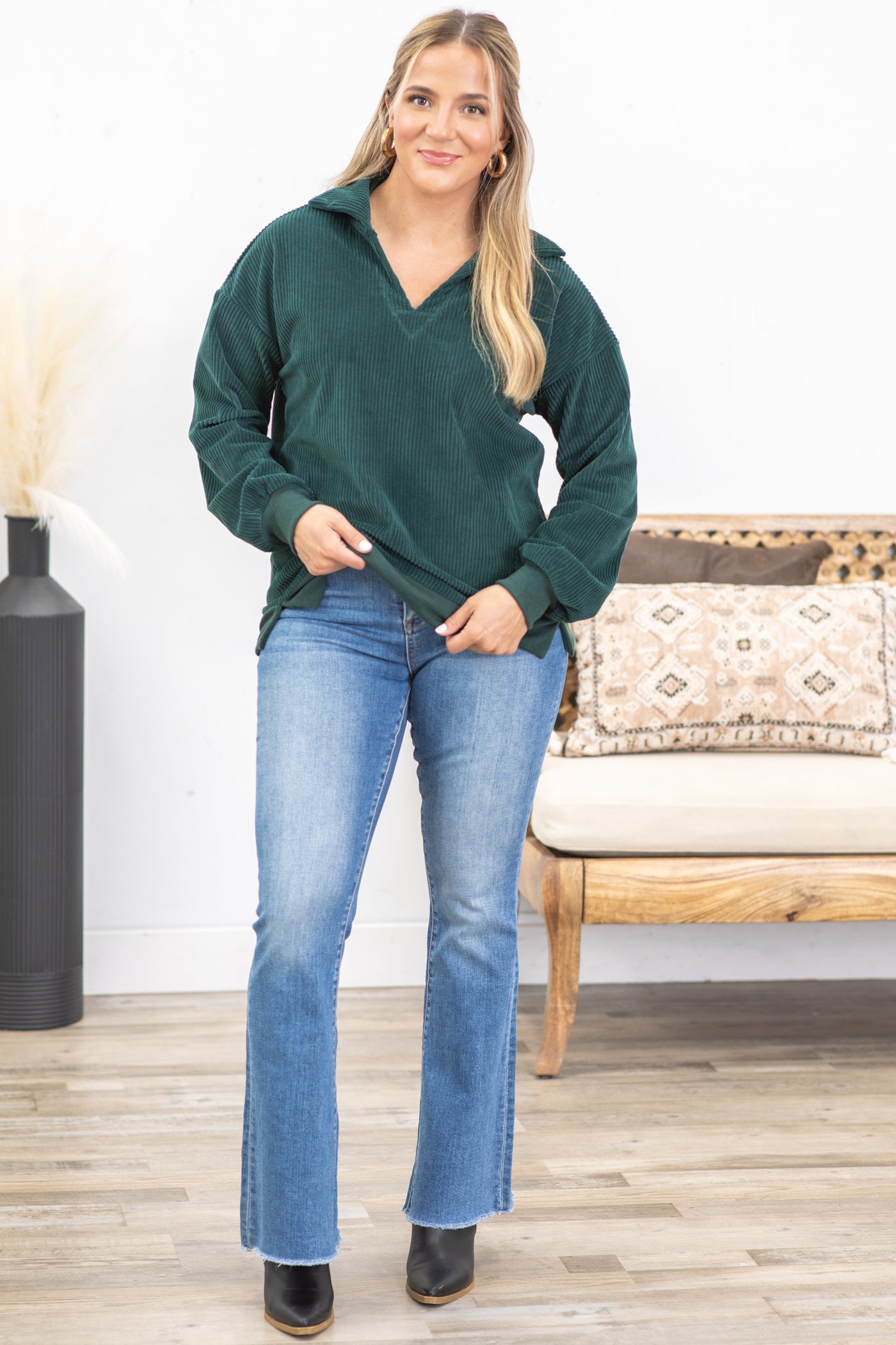 Emerald Green Corduroy Pullover With Stretch