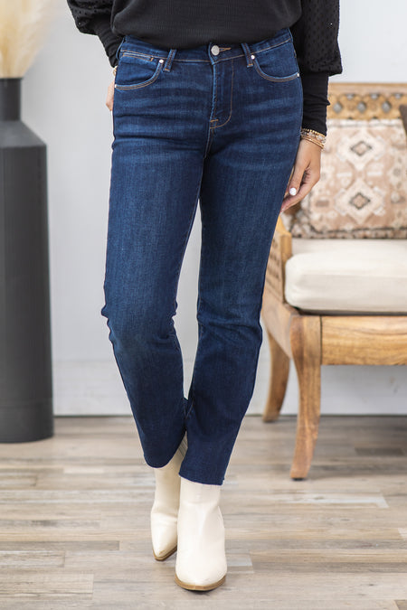 Risen Mid Rise Raw Hem Straight Leg Jeans