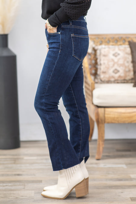 Risen Mid Rise Raw Hem Straight Leg Jeans