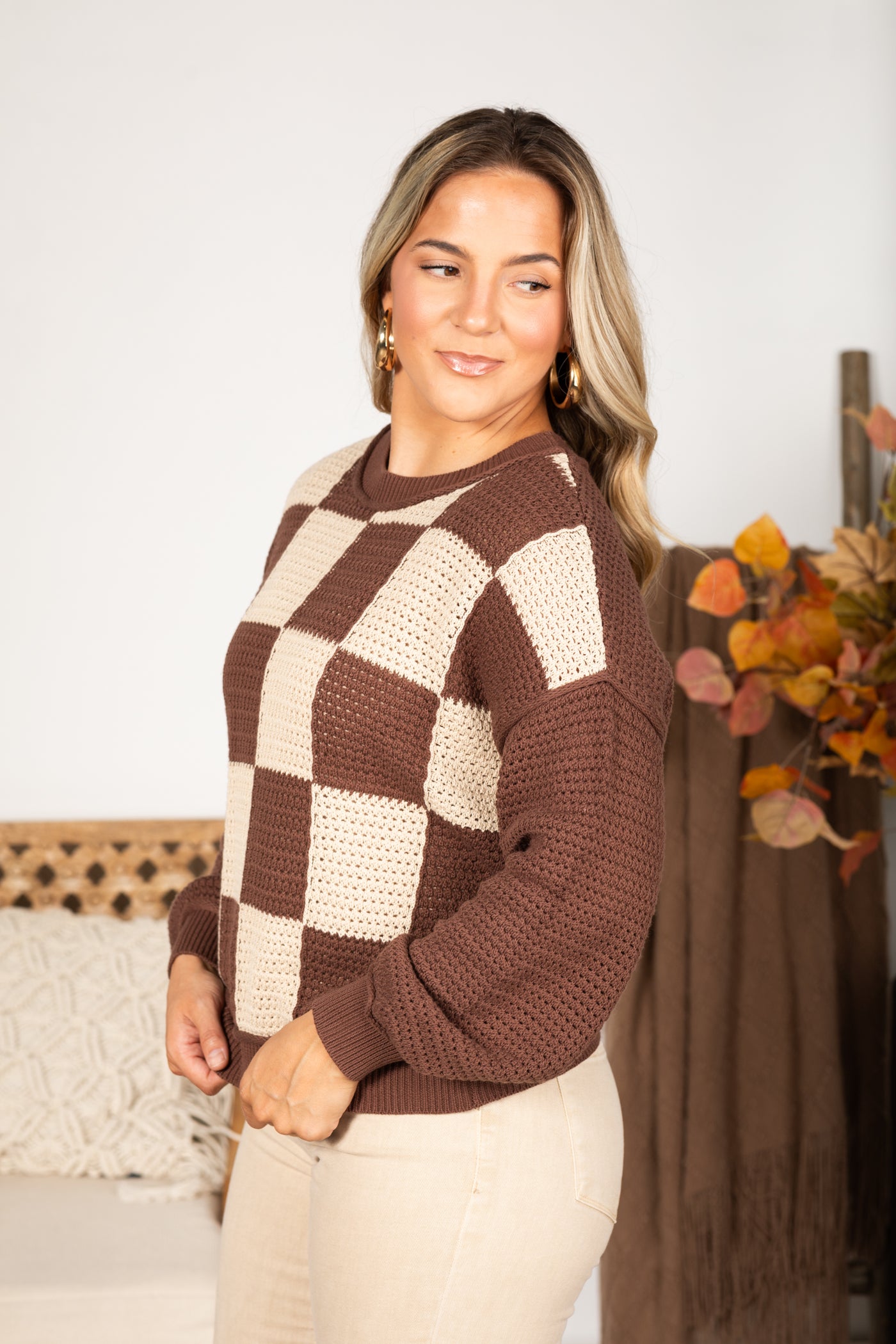 Brown Checkered Crochet Knit Sweater