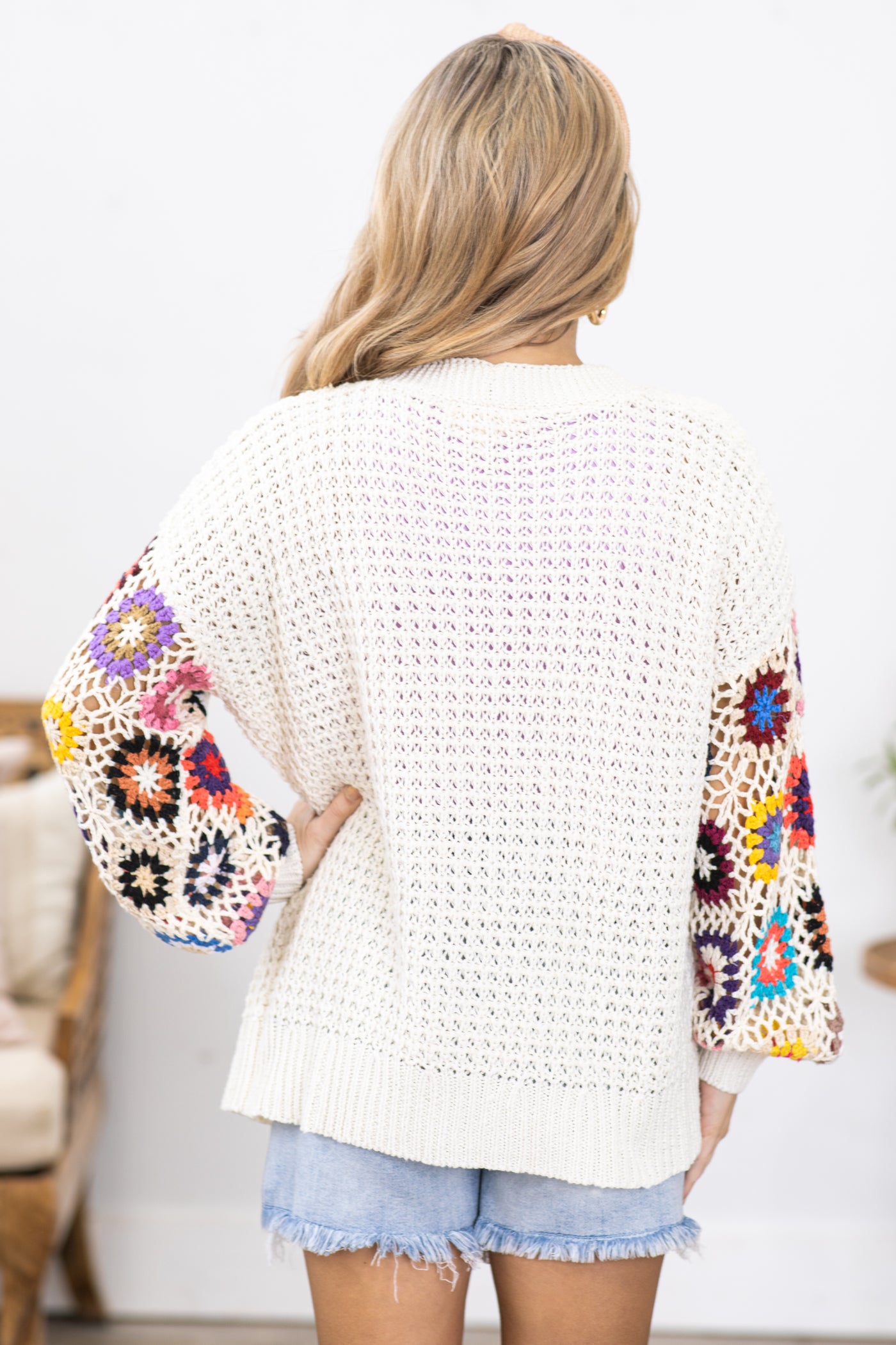 Ivory With Crochet Sleeves Cardigan